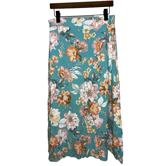 Petal + Pup Women's Large Midi Skirt Blue Floral Cottagecore Bright Pull On Boho - Picture 1 of 6